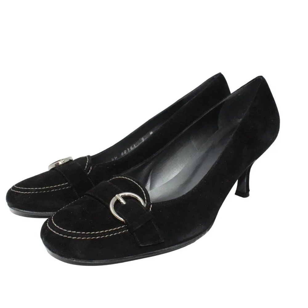 Stuart Weitzman Size 9M Black Suede Leather Madeline Buckle Detail Kitten Heels - Picture 5 of 11